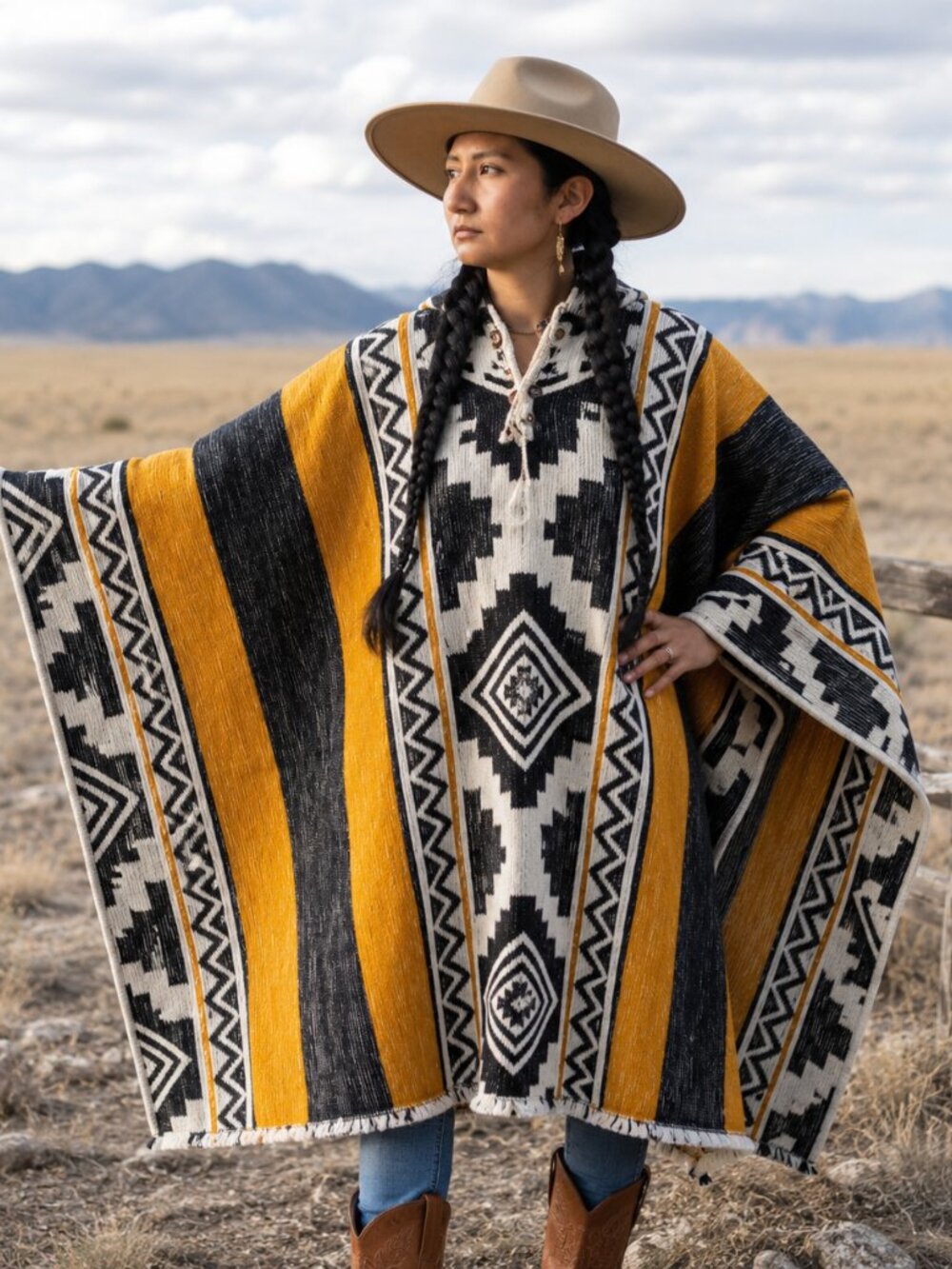 Handwoven Hooded 100% Andean Wool Poncho Unisex Pullover One Size Coat